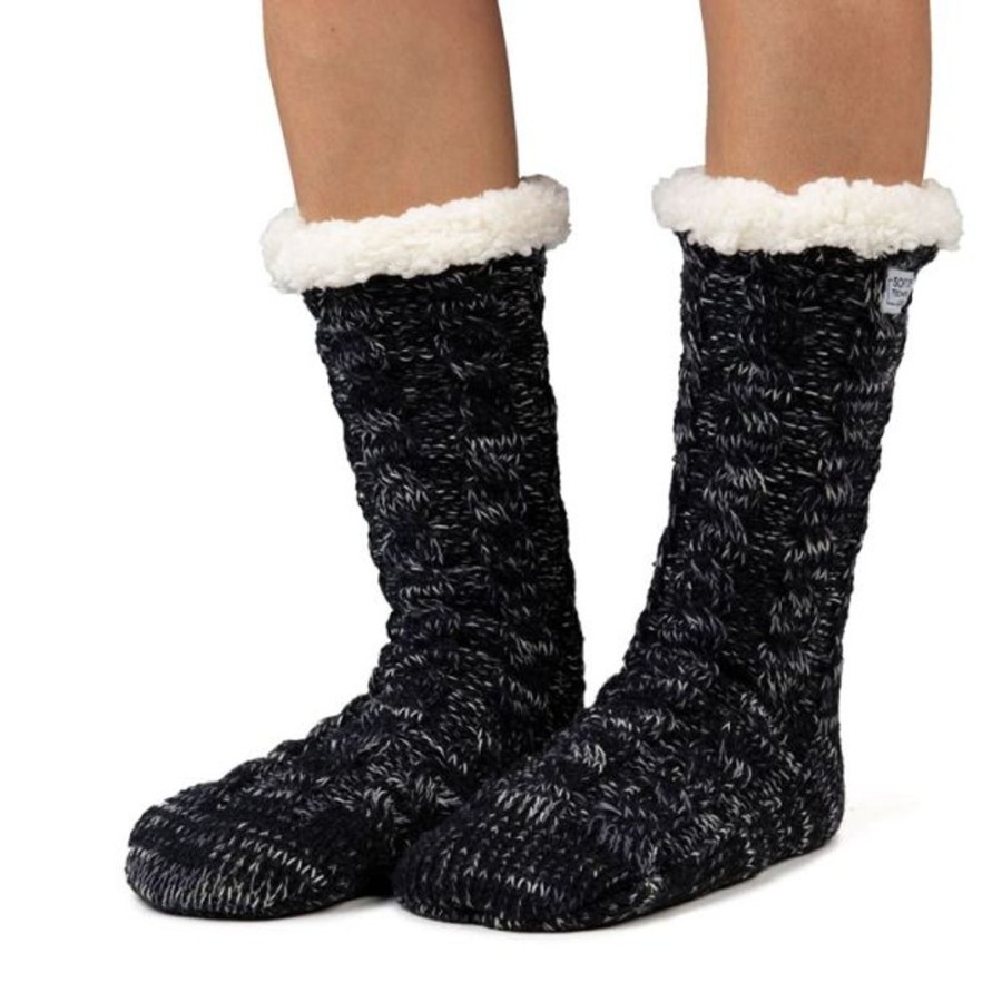 Kids Cozy Soles Slippers | Cozy Sole Women'S Cable Knit Slipper Socks Black