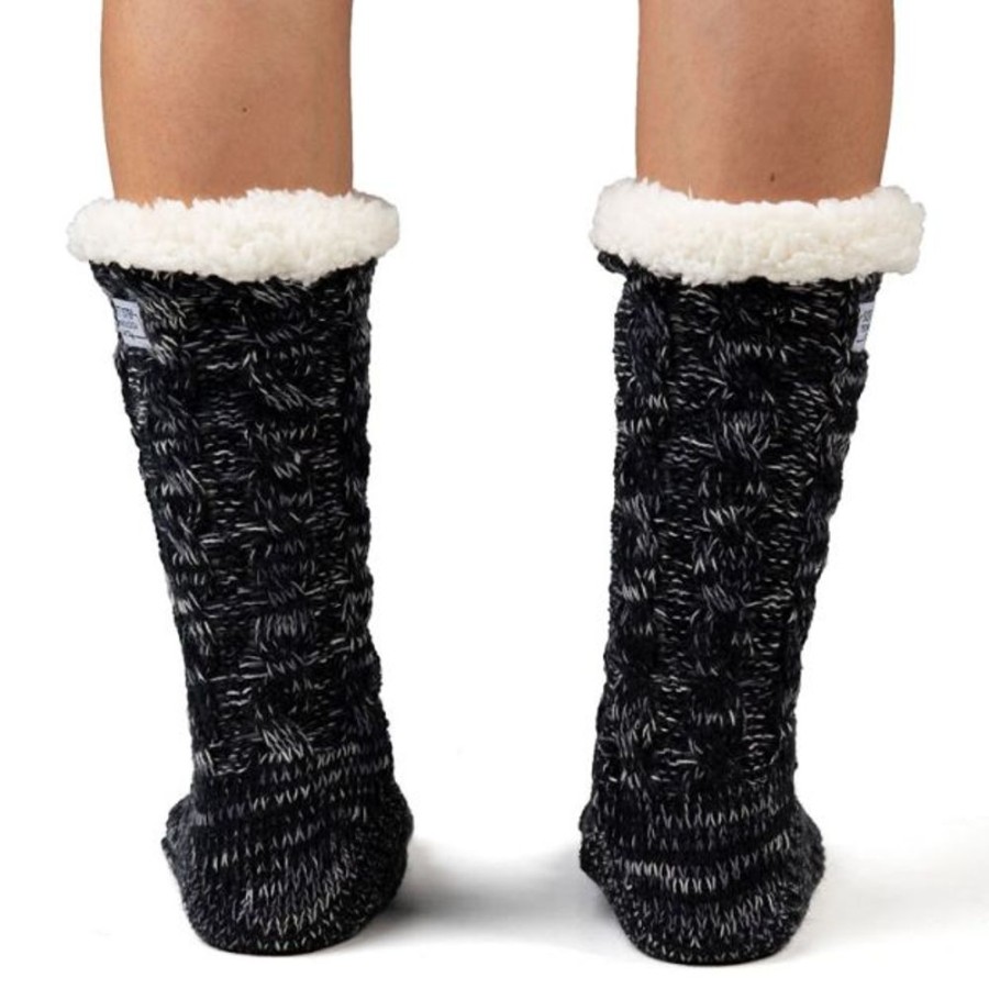 Kids Cozy Soles Slippers | Cozy Sole Women'S Cable Knit Slipper Socks Black