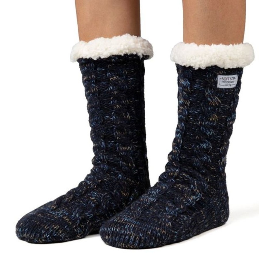 Kids Cozy Soles Slippers | Cozy Sole Women'S Cable Knit Slipper Socks Navy