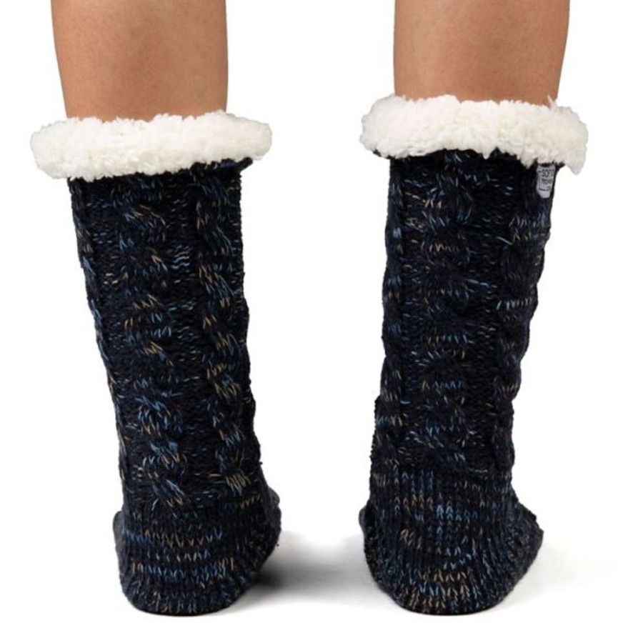 Kids Cozy Soles Slippers | Cozy Sole Women'S Cable Knit Slipper Socks Navy